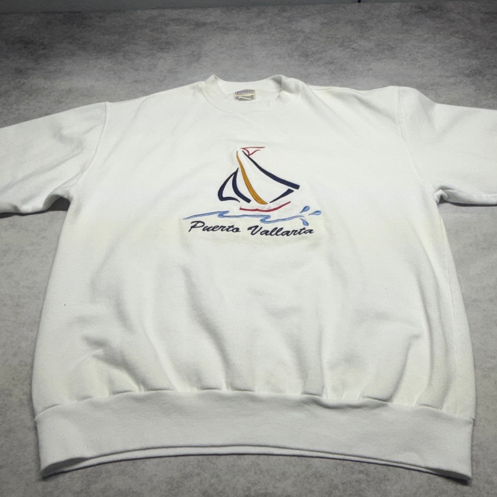 Vintage 90s Puerto Vallarta Sailboat Embroidered Sweatshirt White Large Boat Y2K - Picture 12 of 12